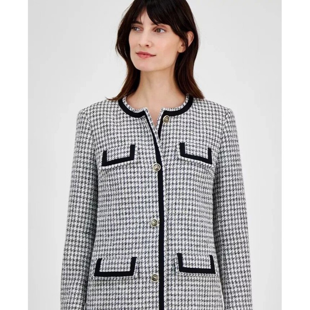 Anne Klein Women's Chic Tweed Fabric Collarless Long Jacket TopCoat Blazer 14 - Picture 2 of 12